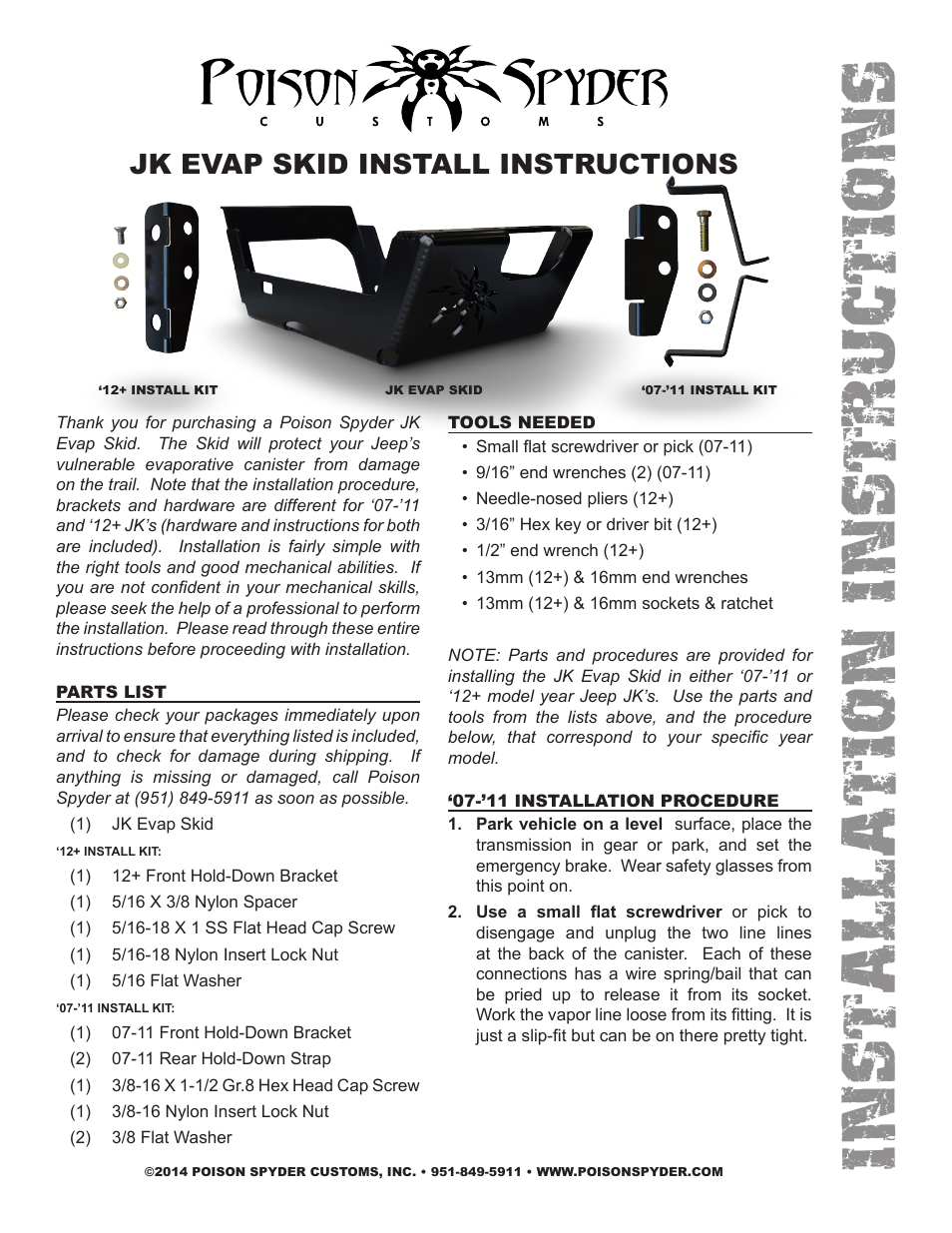 Poison Spyder JK EVAP SKID User Manual | 7 pages