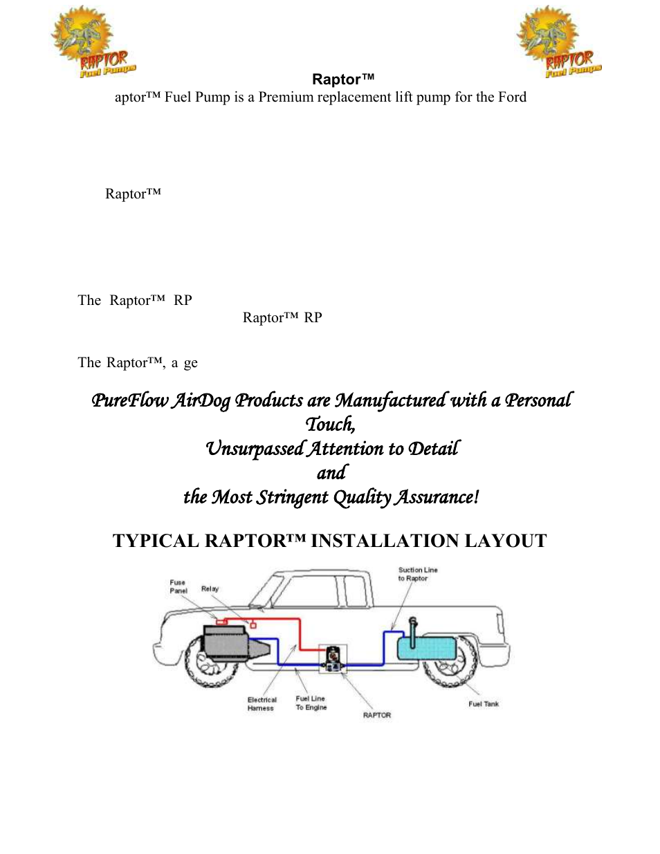 Typical raptor™ installation layout, Overview | PureFlow AirDog RP-150 - 6.4L Ford 2008-2010 User Manual | Page 3 / 15