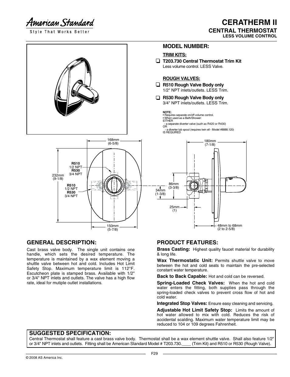 American Standard Moments R530 User Manual | 2 pages