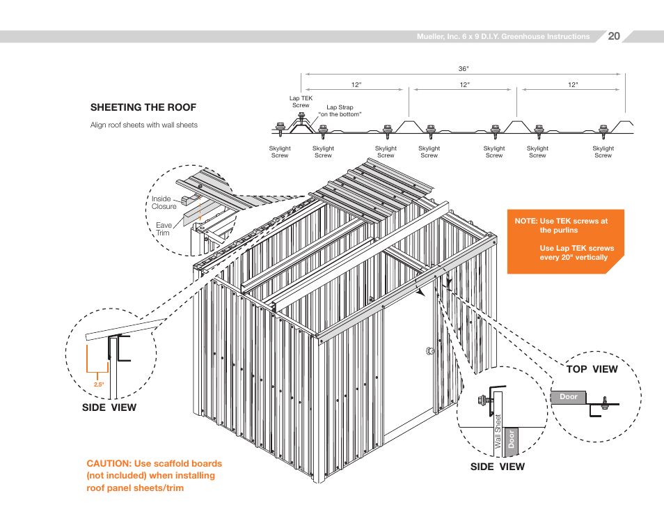 Sheeting the roof, Side view, Side view top view | Mueller 6x9 D.I.Y. Greenhouse User Manual | Page 20 / 23