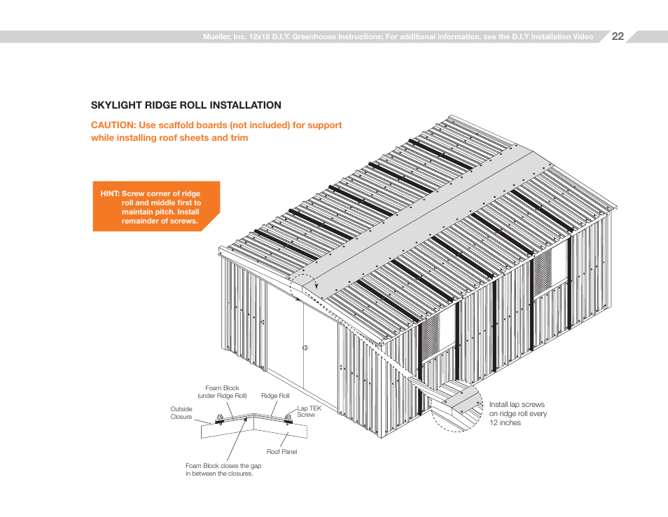 Skylight ridge roll installation | Mueller 12x18 D.I.Y. Greenhouse User Manual | Page 22 / 23