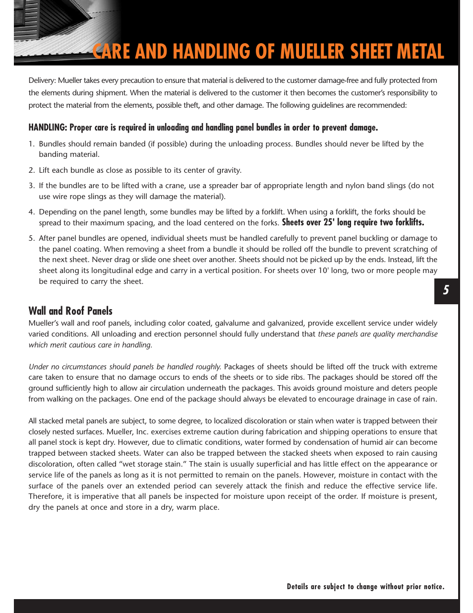 Care and handling of mueller sheet metal, Wall and roof panels | Mueller Corrugated Panel User Manual | Page 5 / 24