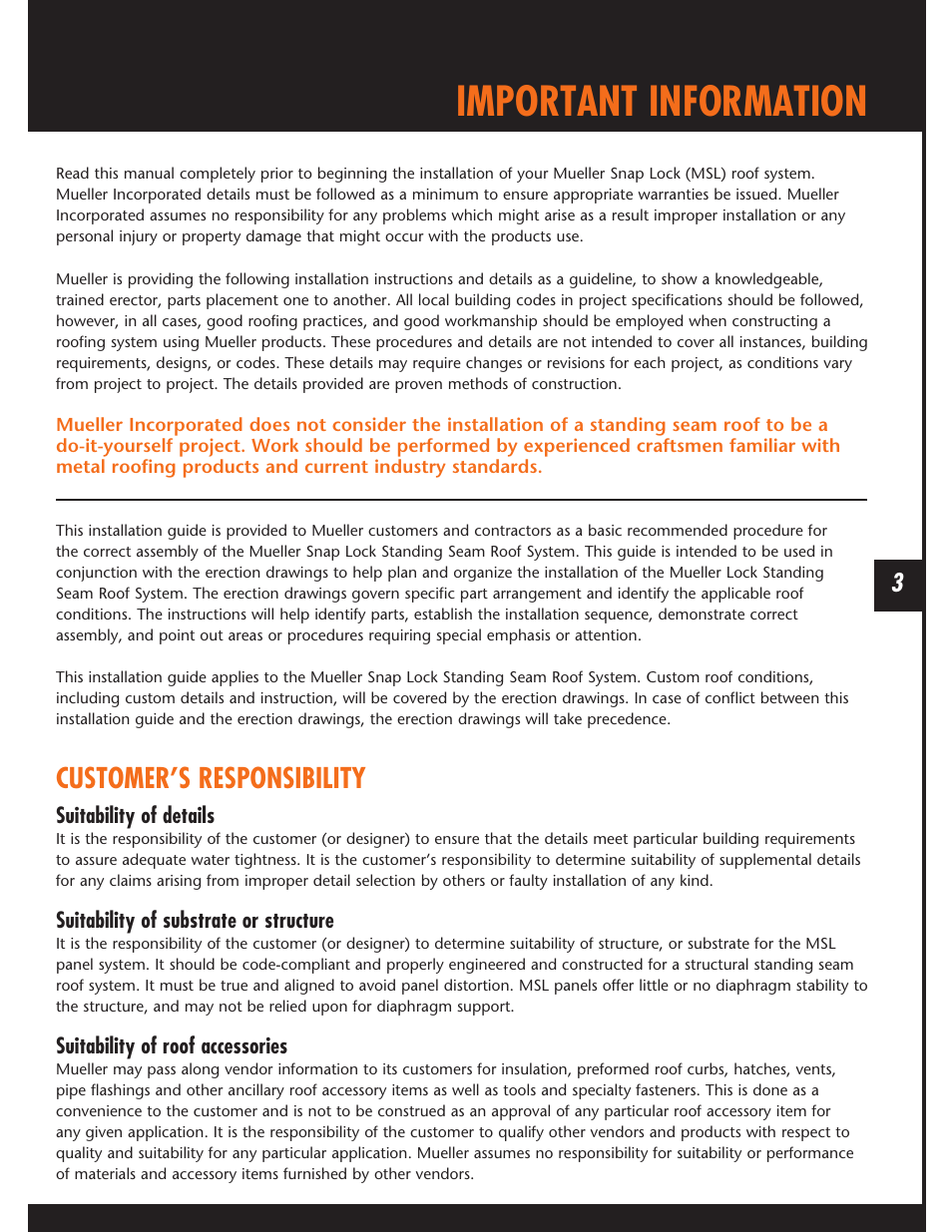 Important information, Customer’s responsibility | Mueller Snap Lock (MSL) User Manual | Page 3 / 44