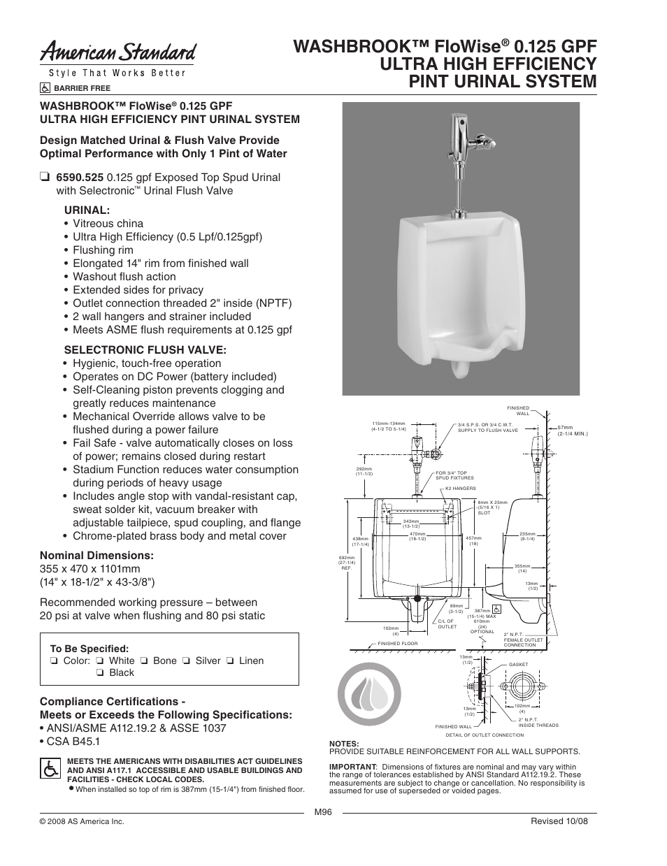 American Standard Washbrook FloWise 0.125 GPF 6590.525 User Manual | 1 page