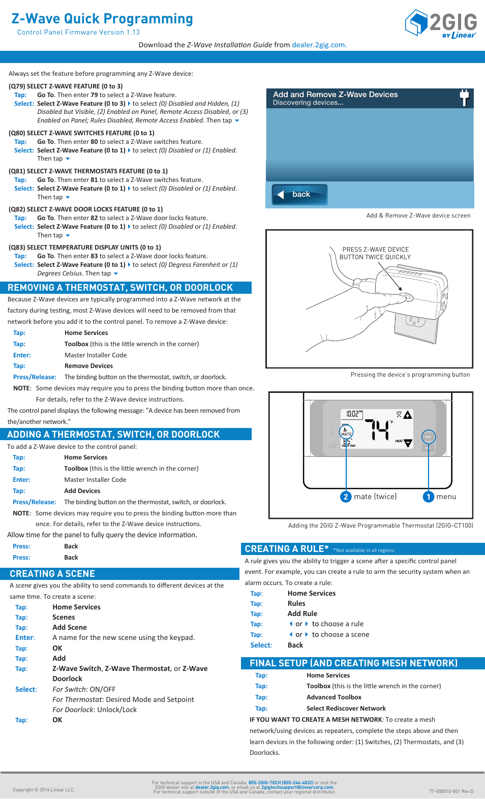Z-wave quick programming, Creating a scene, Removing a thermostat, switch, or doorlock | Adding a thermostat, switch, or doorlock, Final setup (and creating mesh network), Creating a rule | 2GIG Control Panel Firmware Version 1.13 - Quick Programming Guide User Manual | Page 3 / 4
