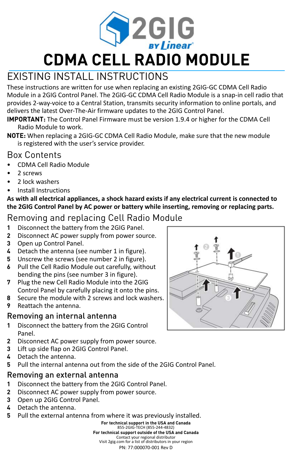 Cdma cell radio module, Existing install instructions, Box contents | Removing and replacing cell radio module, Removing an internal antenna, Removing an external antenna | 2GIG CDMA CELL RADIO MODULE User Manual | Page 2 / 2
