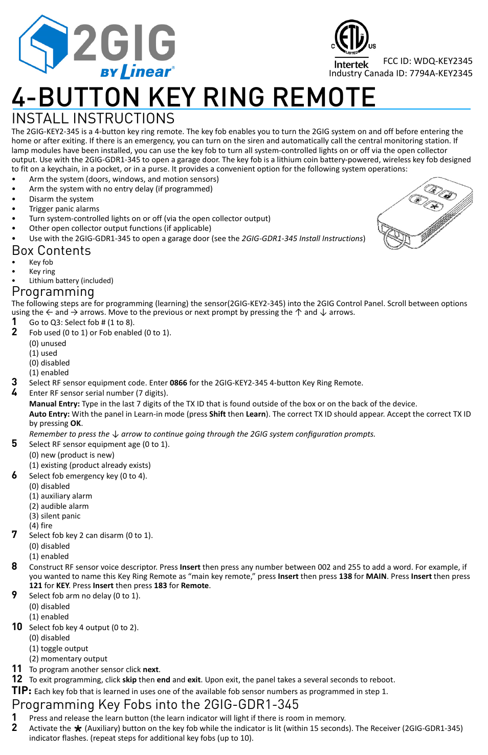 2GIG KEY2-345 User Manual | 2 pages