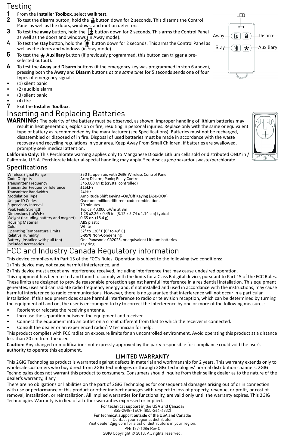 Testing, Inserting and replacing batteries, Fcc and industry canada regulatory information | Warning, Specifications | 2GIG KEY2-345 User Manual | Page 2 / 2