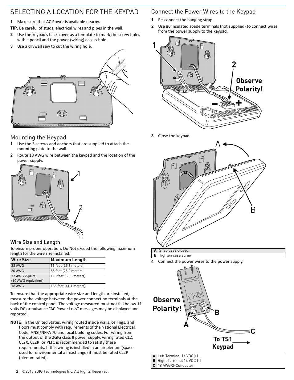 Selecting a location for the keypad, Mounting the keypad, Connect the power wires to the keypad | 2GIG TS1 - Touch Screen Wireless Keypad User Manual | Page 2 / 5