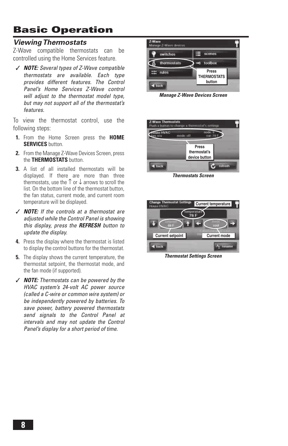 8basic operation, Viewing thermostats | 2GIG Z-Wave User Manual | Page 10 / 24