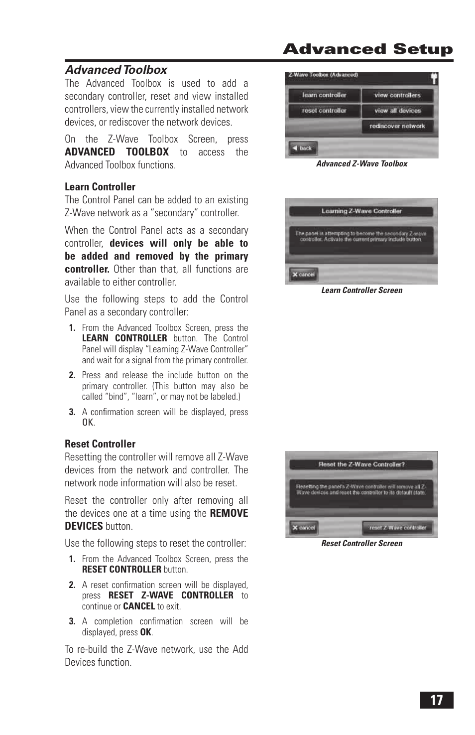 17 advanced setup, Advanced toolbox | 2GIG Z-Wave User Manual | Page 19 / 24