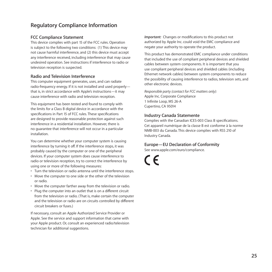 Regulatory compliance information | Apple Mouse User Manual | Page 25 / 28
