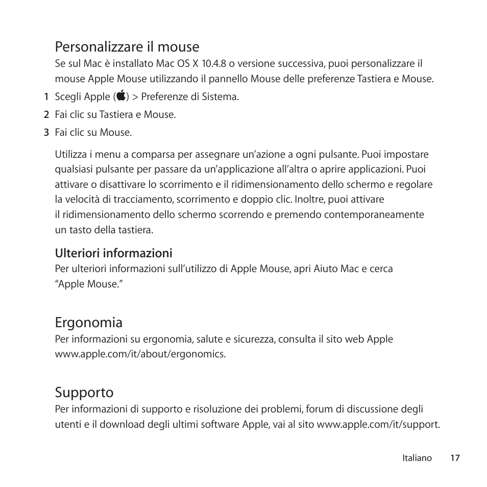 Personalizzare il mouse, Ergonomia, Supporto | Apple Mouse User Manual | Page 17 / 56