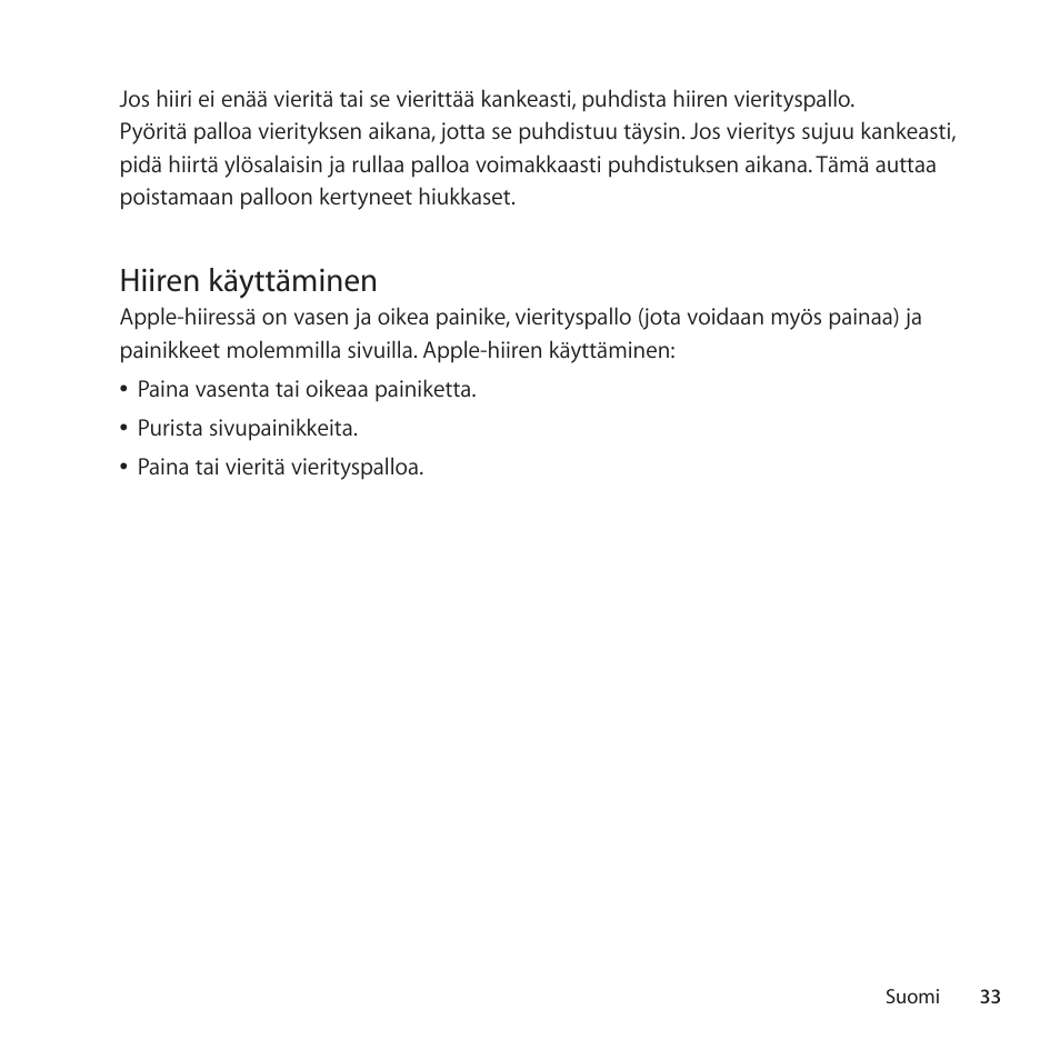 Hiiren käyttäminen | Apple Mouse User Manual | Page 33 / 56
