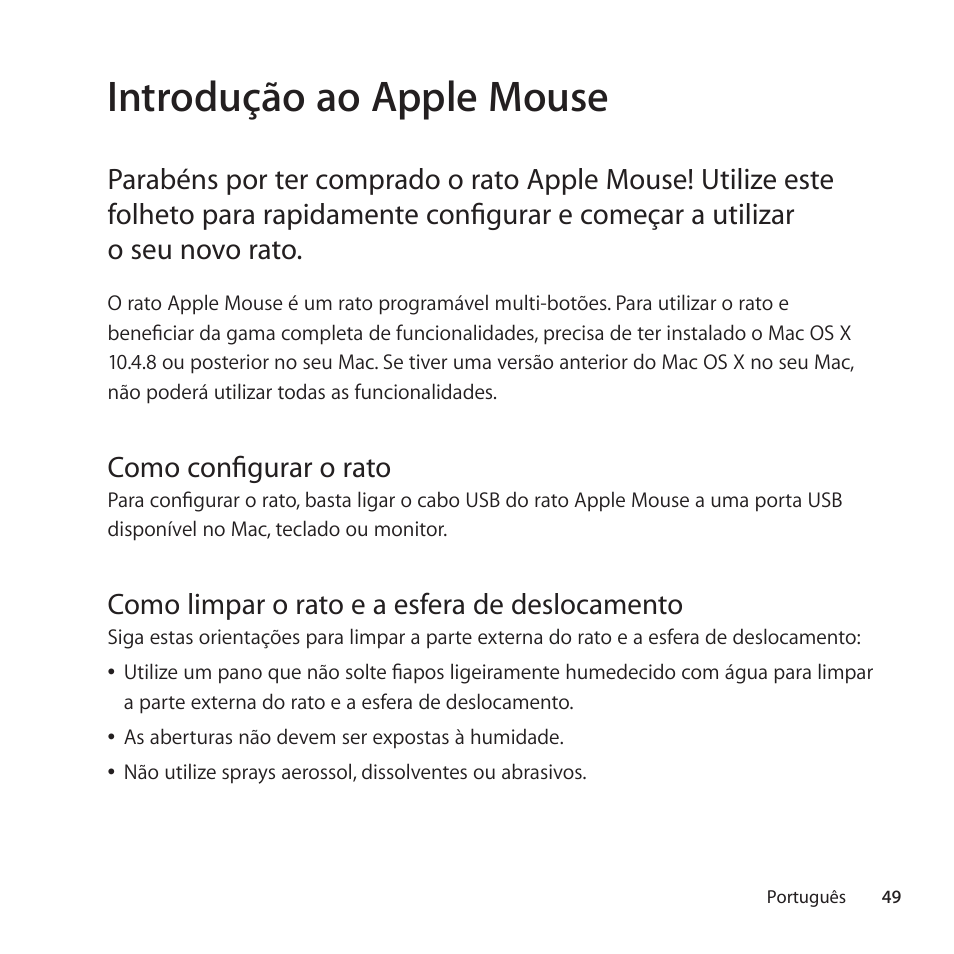 Introdução ao apple mouse, Como configurar o rato, Como limpar o rato e a esfera de deslocamento | Apple Mouse User Manual | Page 49 / 56