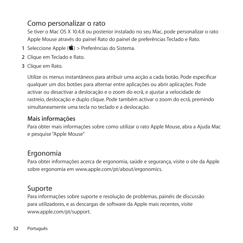 Como personalizar o rato, Ergonomia, Suporte | Apple Mouse User Manual | Page 52 / 56