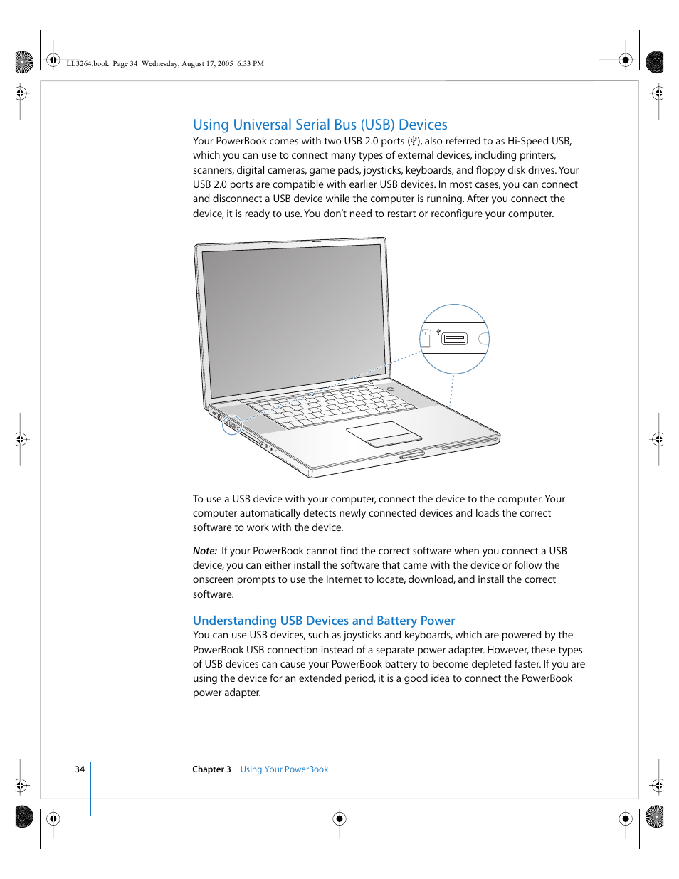 Using universal serial bus (usb) devices, Understanding usb devices and battery power | Apple PowerBook G4 (17-inch, Double Layer Super Drive) User Manual | Page 34 / 112