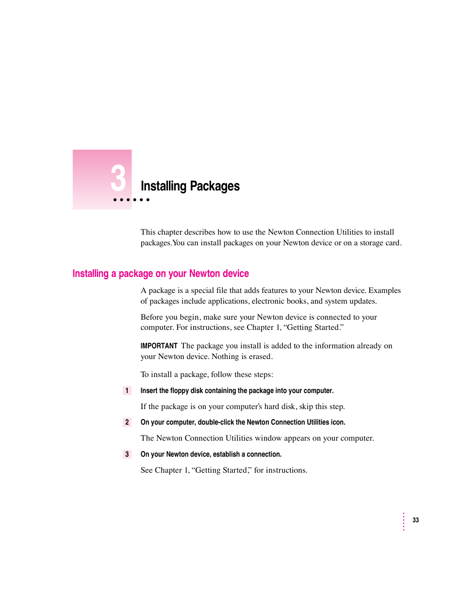 Installing packages | Apple Newton Connection Utilities (for Macintosh) User Manual | Page 33 / 117