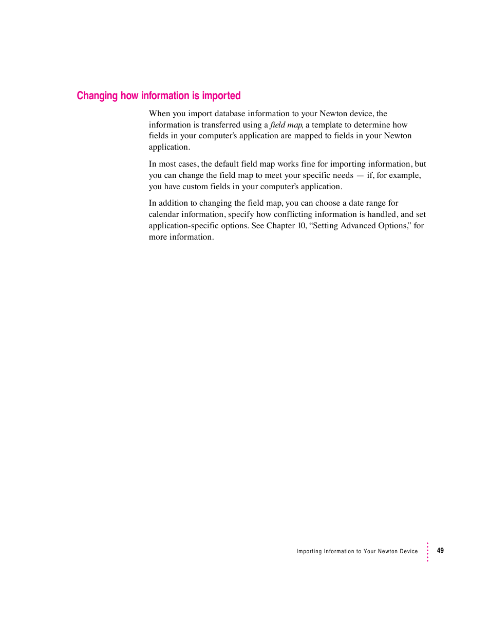 Changing how information is imported | Apple Newton Connection Utilities (for Macintosh) User Manual | Page 49 / 117
