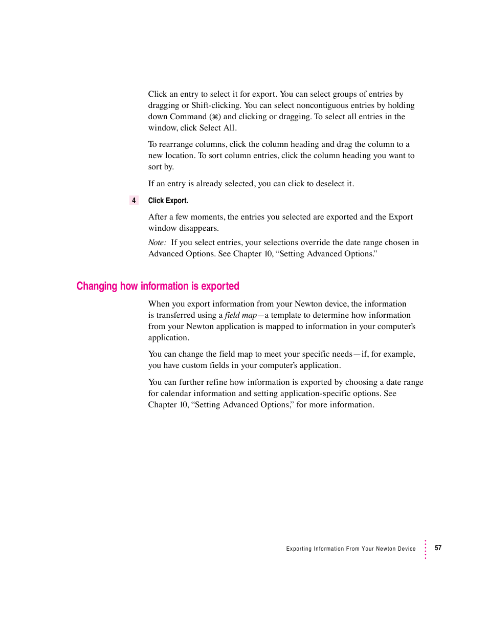 Changing how information is exported | Apple Newton Connection Utilities (for Macintosh) User Manual | Page 57 / 117