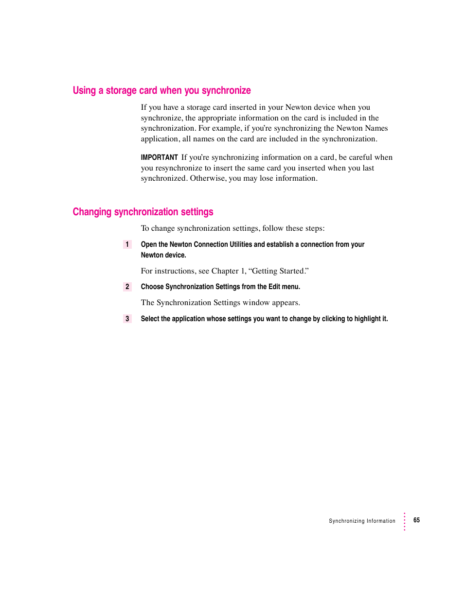 Using a storage card when you synchronize, Changing synchronization settings | Apple Newton Connection Utilities (for Macintosh) User Manual | Page 65 / 117