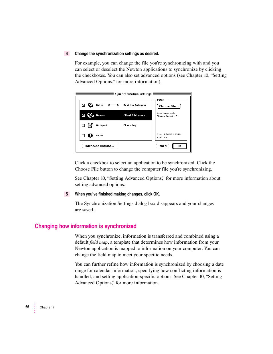 Changing how information is synchronized | Apple Newton Connection Utilities (for Macintosh) User Manual | Page 66 / 117