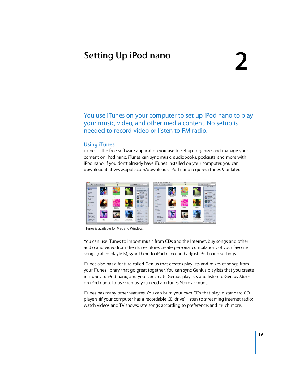 Setting up ipodnano, Using itunes, Chapter 2 | Setting up ipod nano | Apple iPod nano (5th generation) User Manual | Page 19 / 104