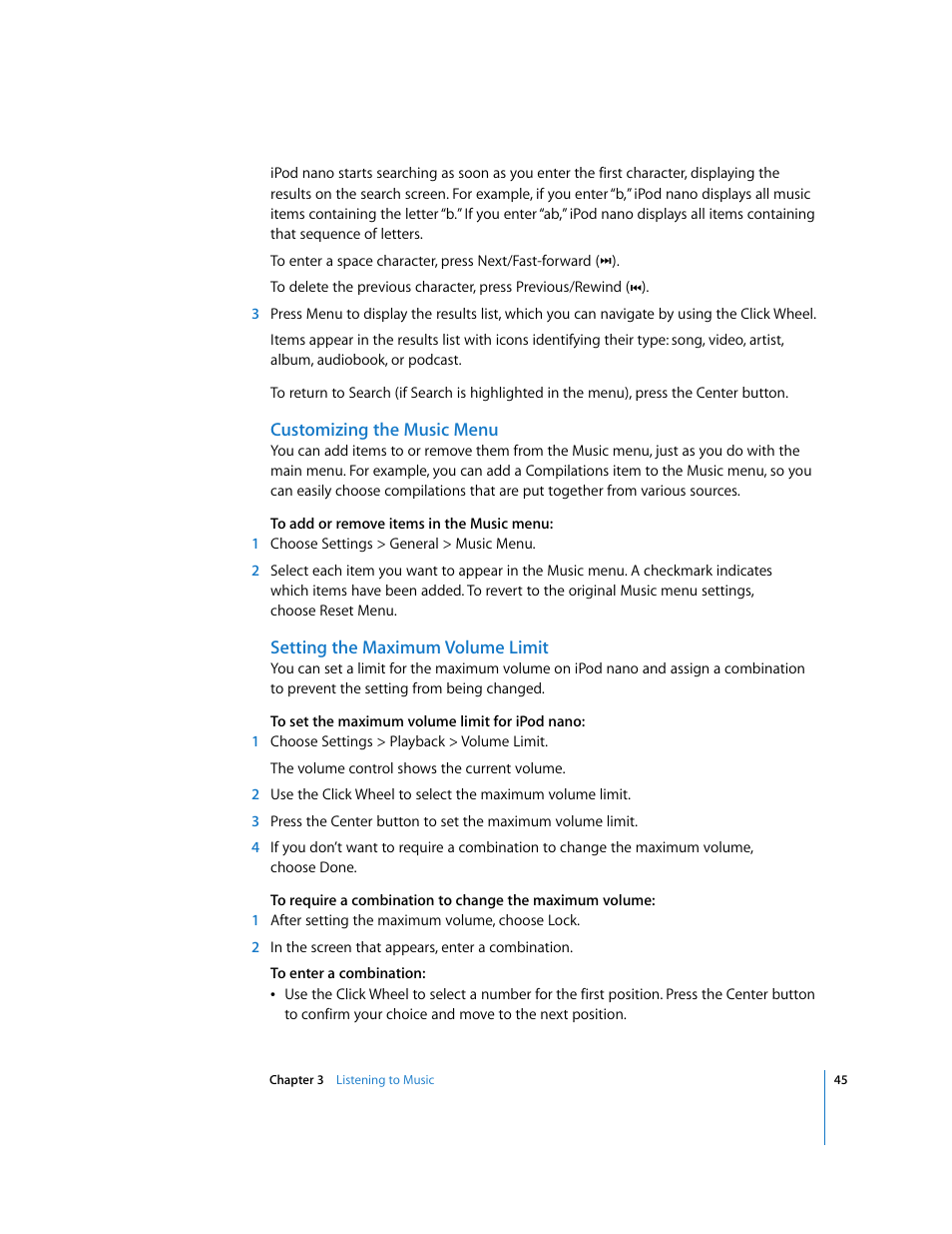 Customizing the music menu, Setting the maximum volume limit | Apple iPod nano (5th generation) User Manual | Page 45 / 104