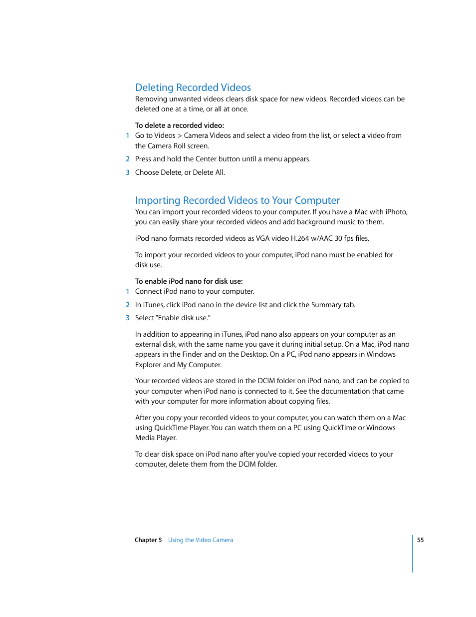 Deleting recorded videos, Importing recorded videos to your computer | Apple iPod nano (5th generation) User Manual | Page 55 / 104