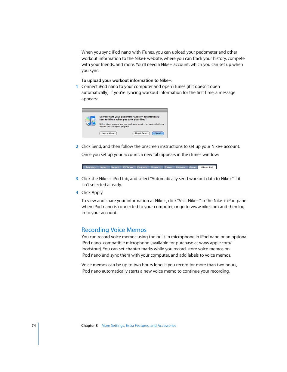 Recording voice memos | Apple iPod nano (5th generation) User Manual | Page 74 / 104