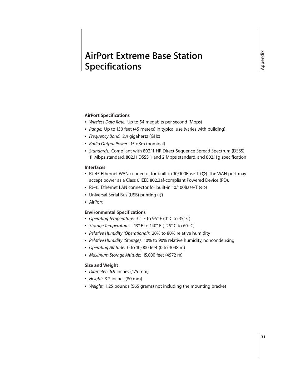 Airport extreme base station specifications, Appendix | Apple AirPort Extreme Base Station v4.2 User Manual | Page 31 / 36