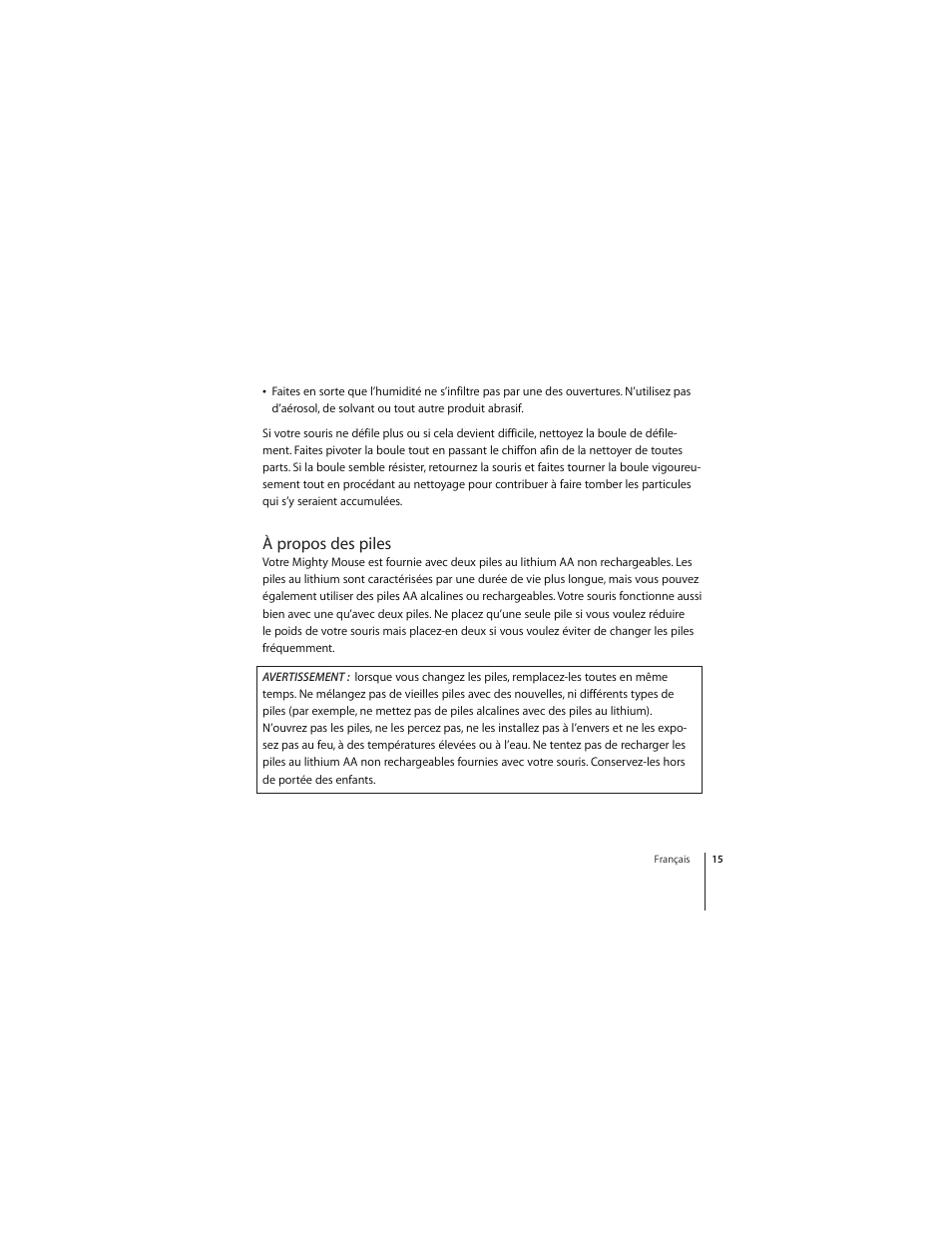 À propos des piles | Apple Mighty Mouse (wireless) User Manual | Page 15 / 101
