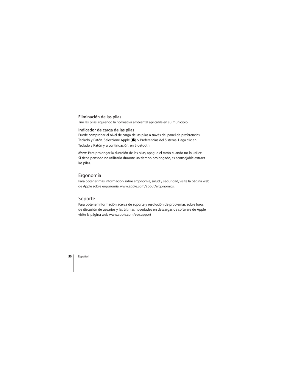 Eliminación de las pilas, Indicador de carga de las pilas, Ergonomía | Soporte | Apple Mighty Mouse (wireless) User Manual | Page 50 / 101