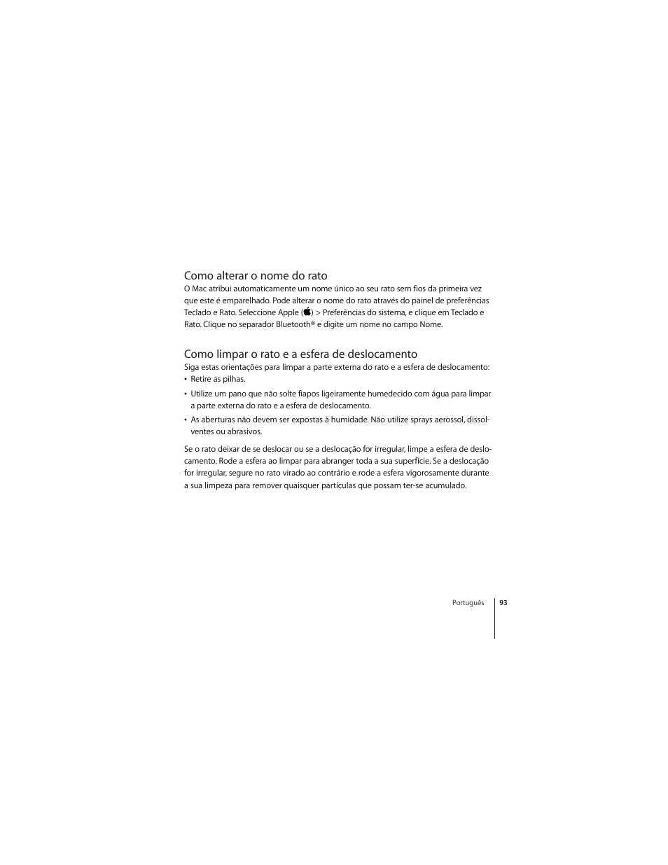 Como alterar o nome do rato, Como limpar o rato e a esfera de deslocamento | Apple Mighty Mouse (wireless) User Manual | Page 93 / 101