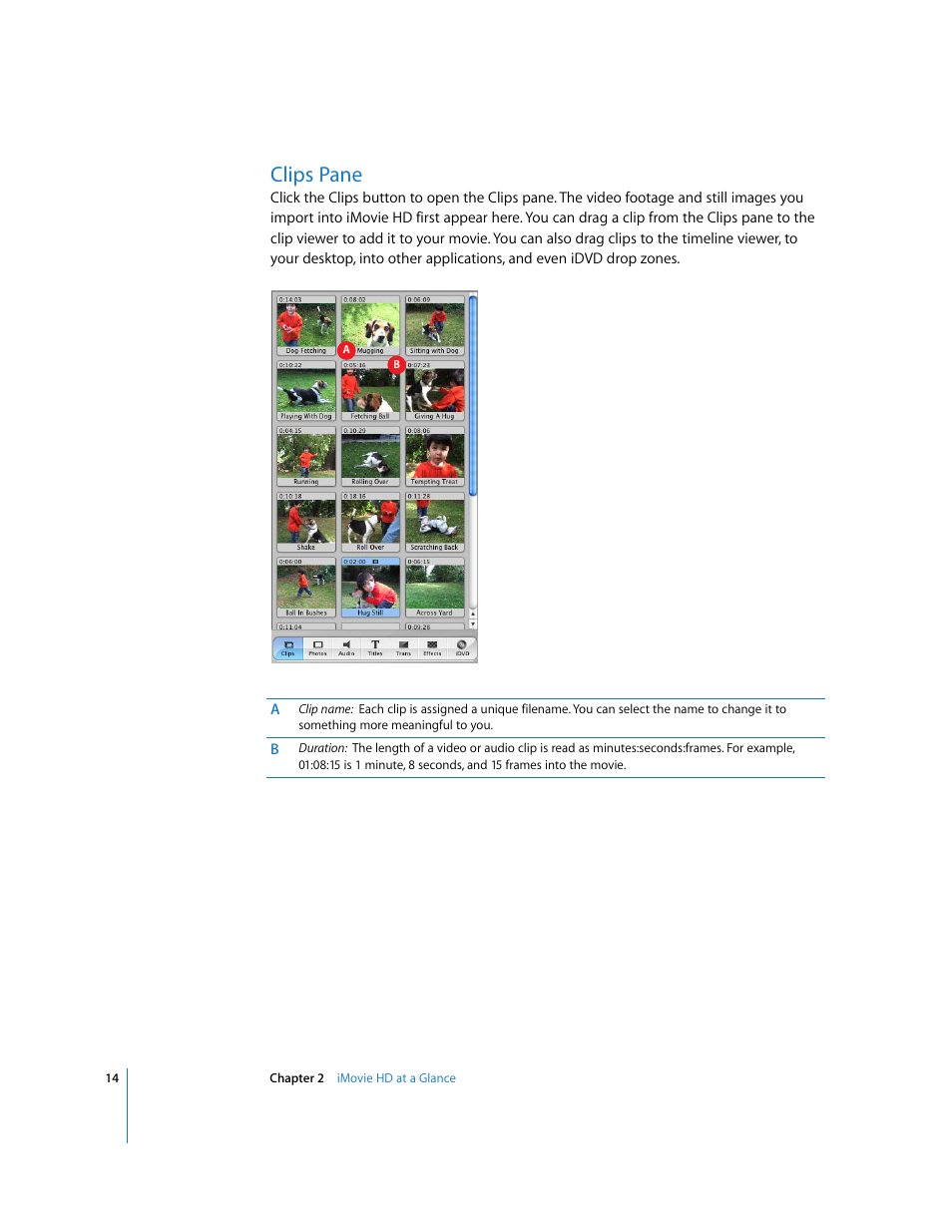 Clips pane | Apple iMovie HD User Manual | Page 14 / 83