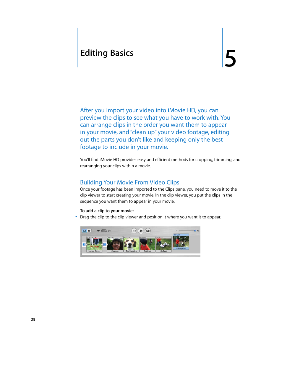 Editing basics, Building your movie from video clips, Chapter | Apple iMovie HD User Manual | Page 38 / 83