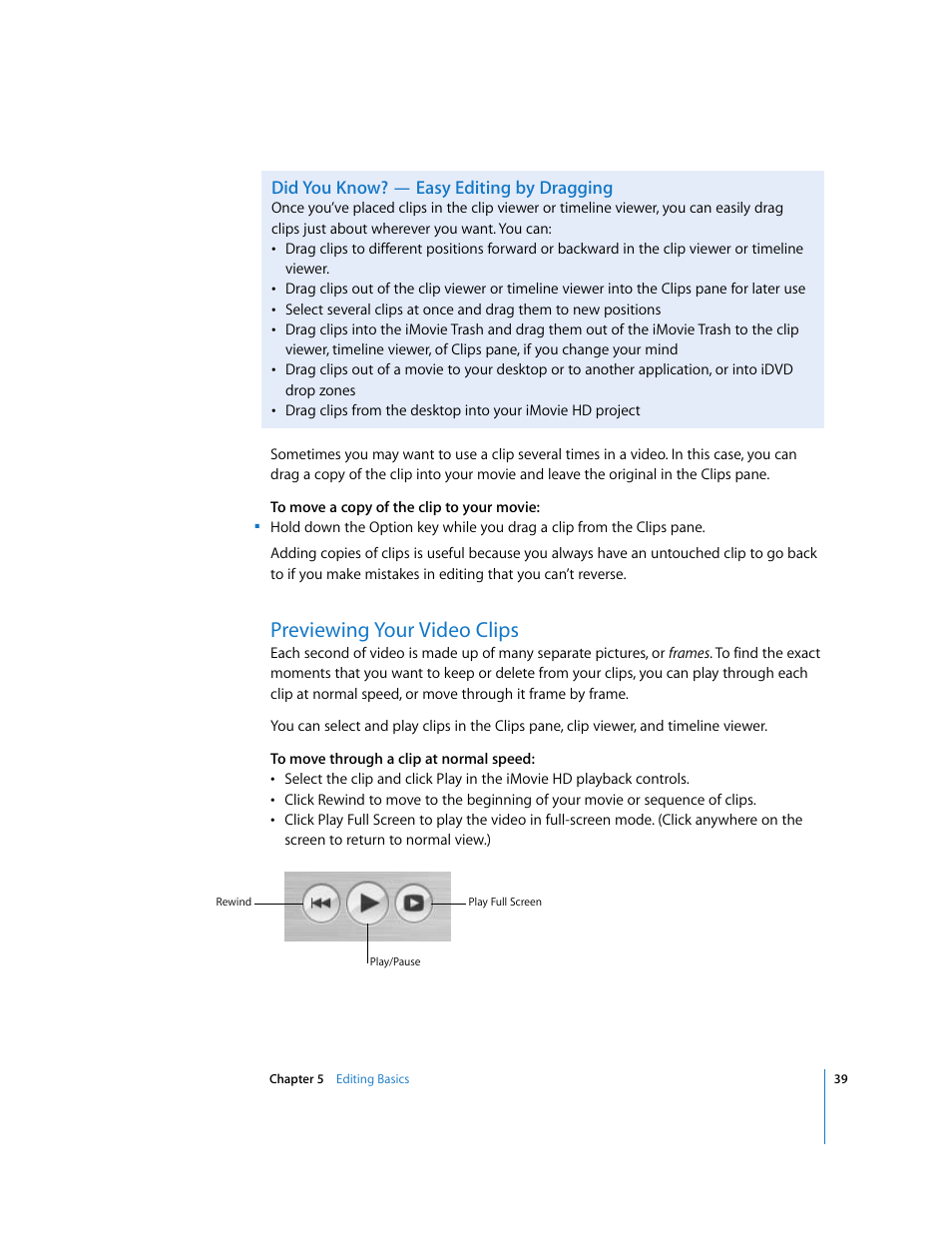 Did you know? — easy editing by dragging, Previewing your video clips | Apple iMovie HD User Manual | Page 39 / 83