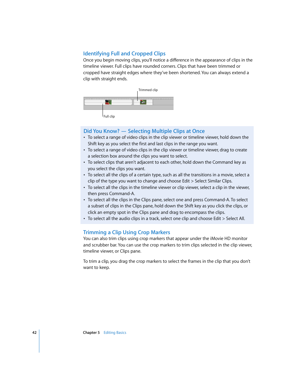 Identifying full and cropped clips, Did you know? — selecting multiple clips at once, Trimming a clip using crop markers | Apple iMovie HD User Manual | Page 42 / 83