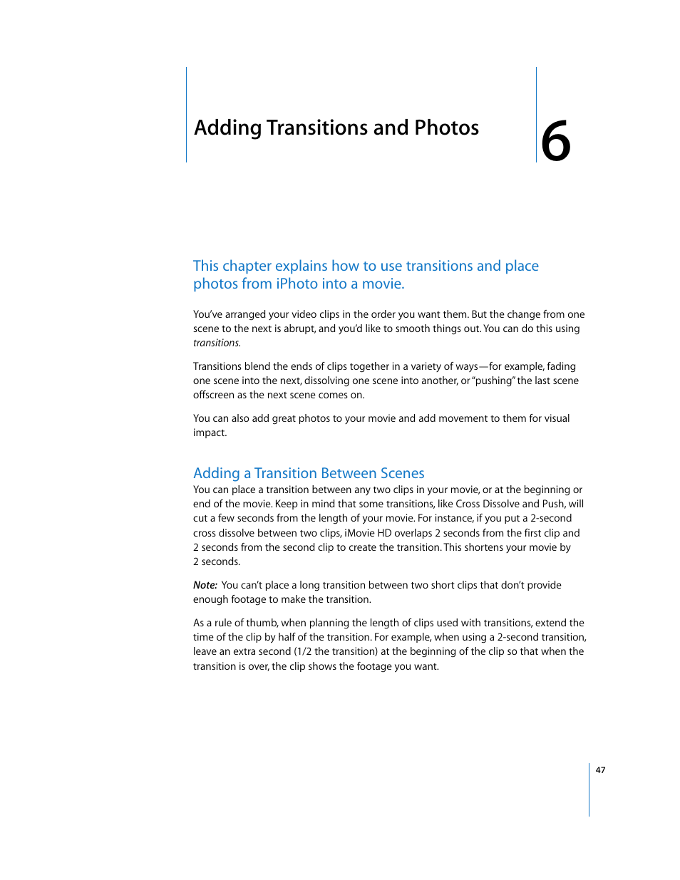 Adding transitions and photos, Adding a transition between scenes, Chapter | Apple iMovie HD User Manual | Page 47 / 83
