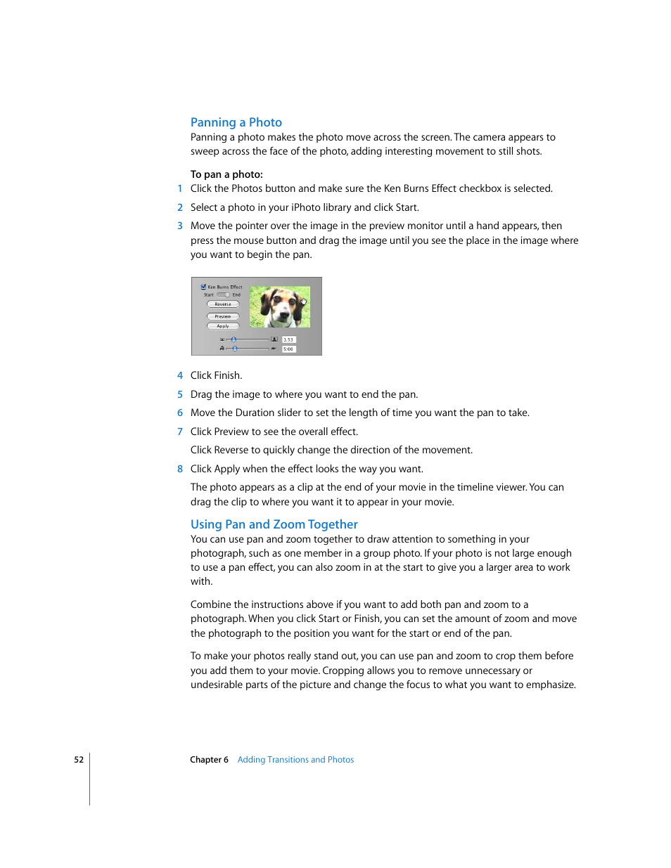 Panning a photo, Using pan and zoom together | Apple iMovie HD User Manual | Page 52 / 83