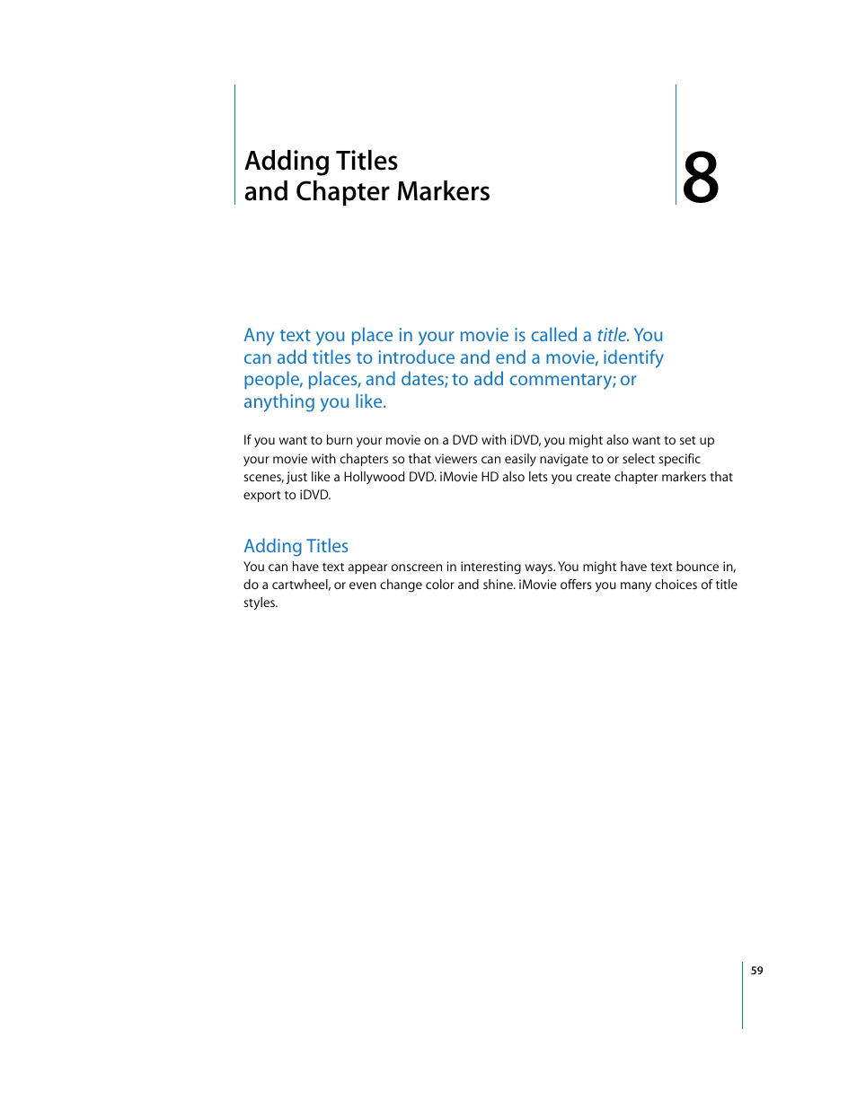 Adding titles and chapter markers, Adding titles, Chapter | Apple iMovie HD User Manual | Page 59 / 83