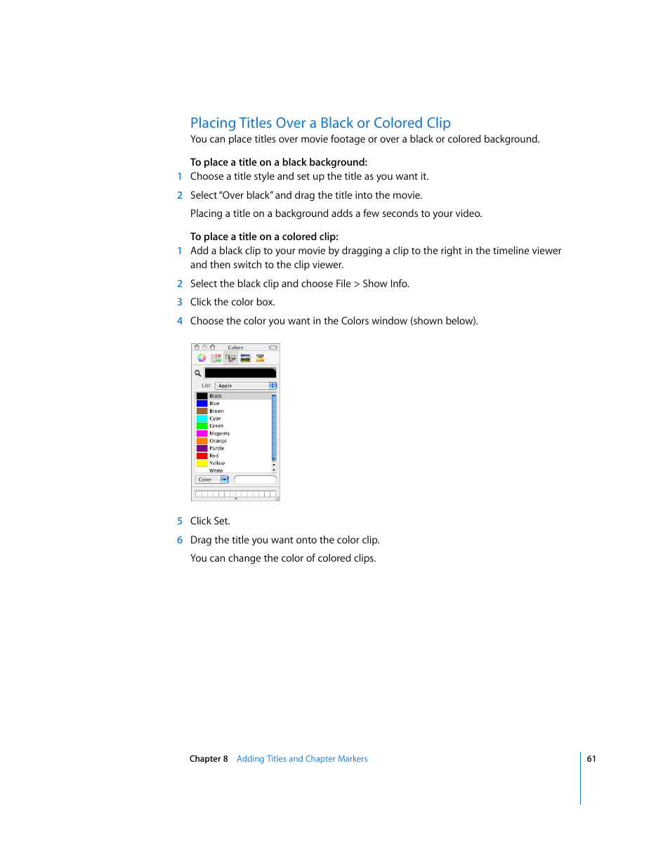 Placing titles over a black or colored clip | Apple iMovie HD User Manual | Page 61 / 83