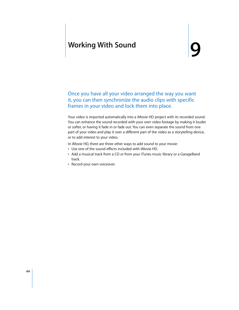 Working with sound, Chapter | Apple iMovie HD User Manual | Page 64 / 83