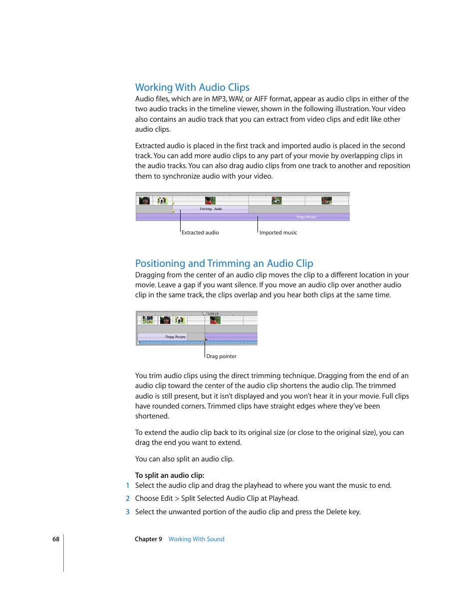 Working with audio clips, Positioning and trimming an audio clip | Apple iMovie HD User Manual | Page 68 / 83