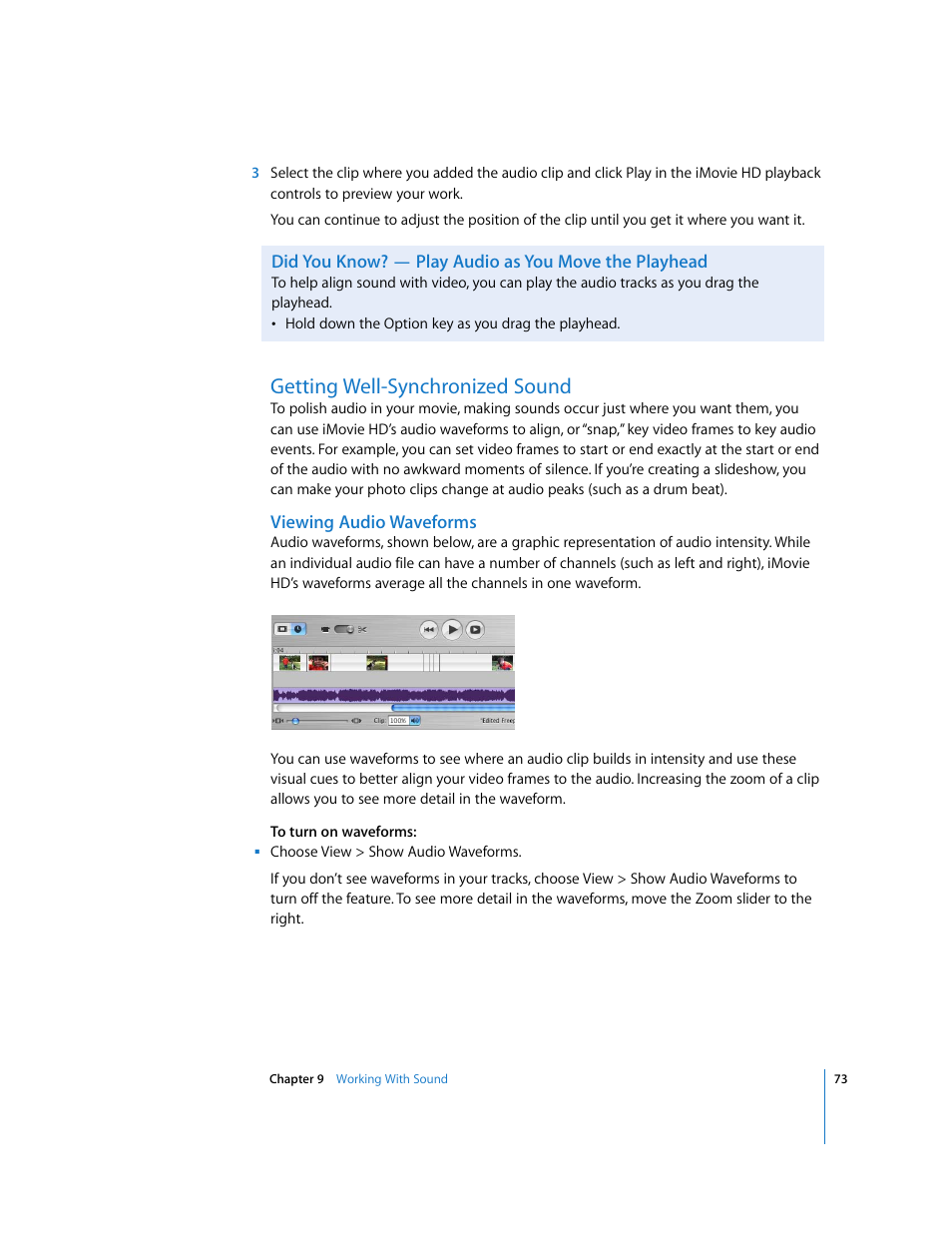 Getting well-synchronized sound, Viewing audio waveforms | Apple iMovie HD User Manual | Page 73 / 83