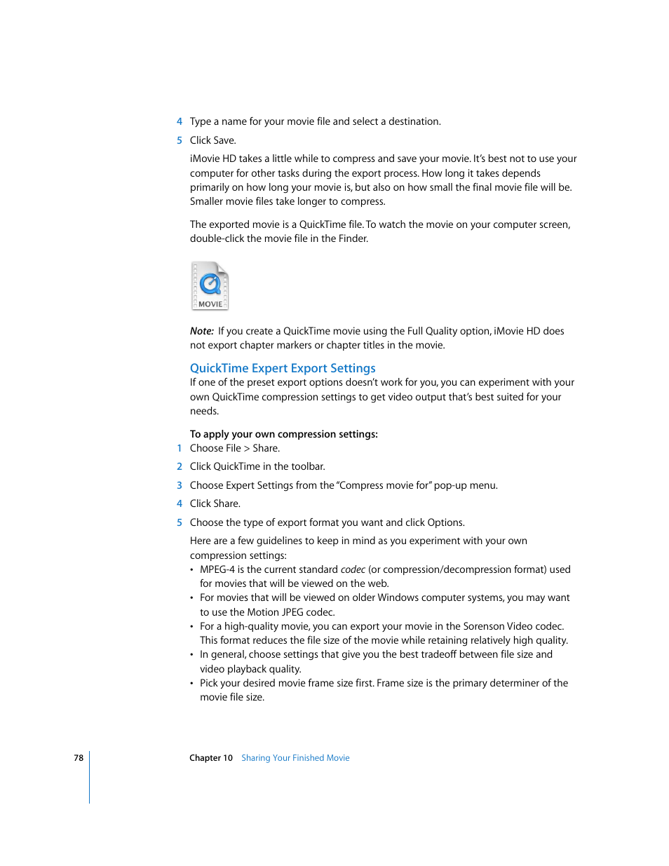 Quicktime expert export settings | Apple iMovie HD User Manual | Page 78 / 83