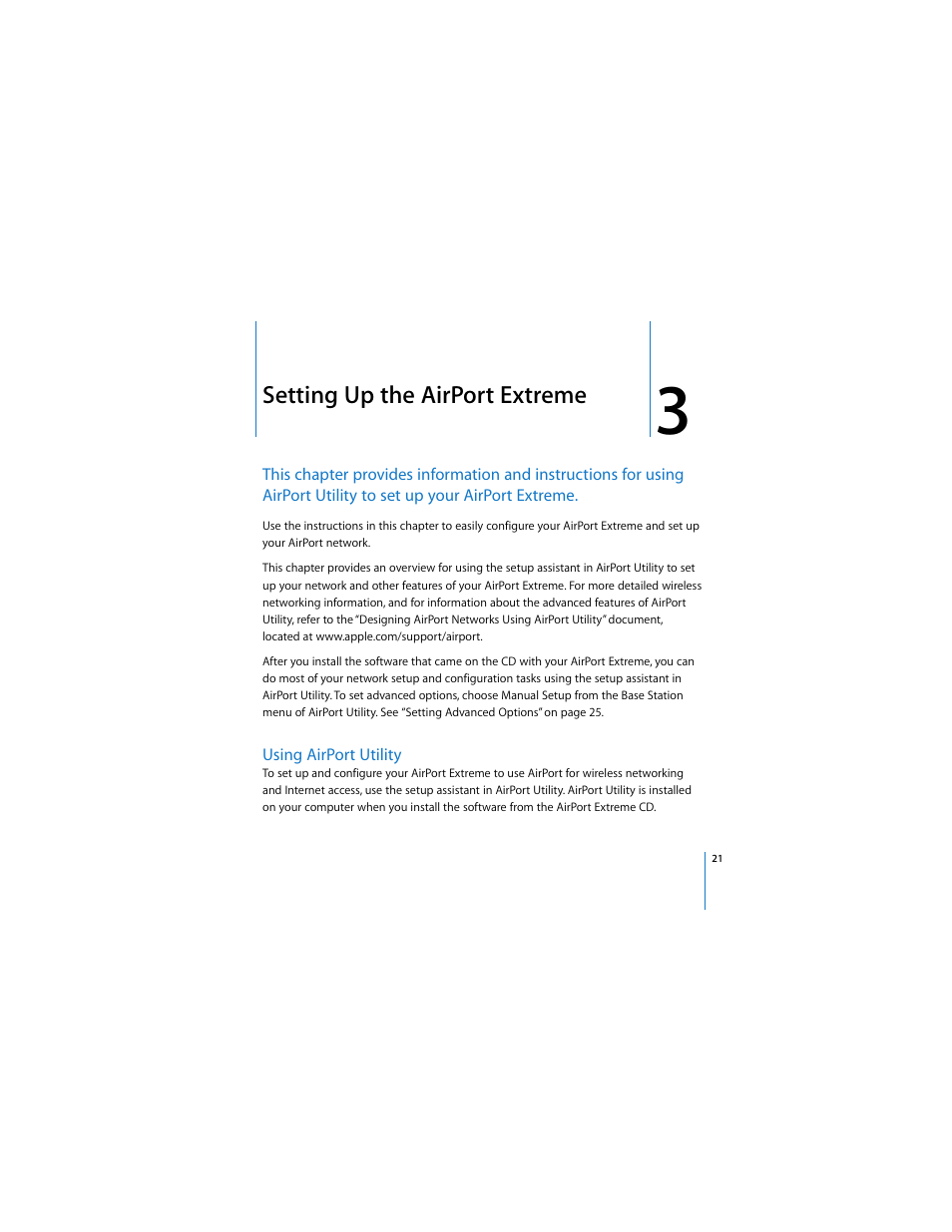 Setting up the airportextreme, Using airport utility, Setting up the airport extreme | Apple AirPort Extreme 802.11n (3rd Generation) User Manual | Page 21 / 44