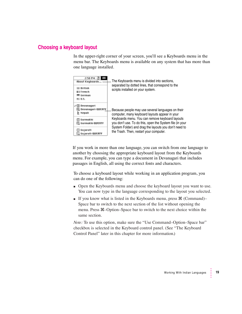 Choosing a keyboard layout | Apple Indian Language Kit User Manual | Page 19 / 47