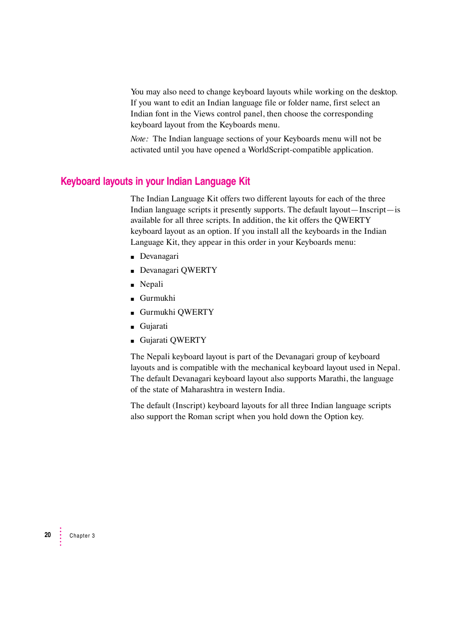 Keyboard layouts in your indian language kit | Apple Indian Language Kit User Manual | Page 20 / 47