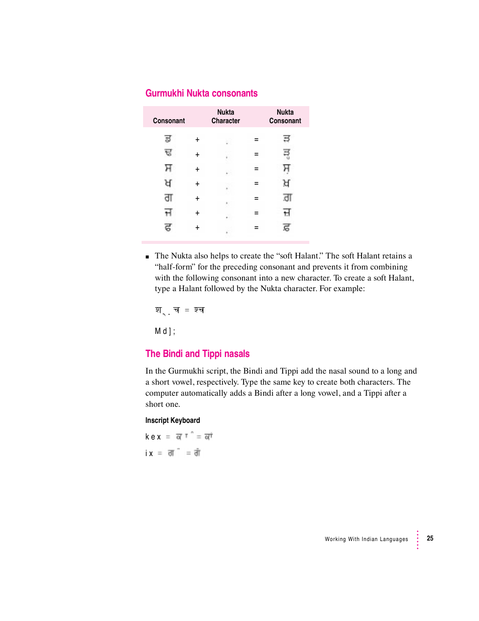Gurmukhi nukta consonants, The bindi and tippi nasals | Apple Indian Language Kit User Manual | Page 25 / 47